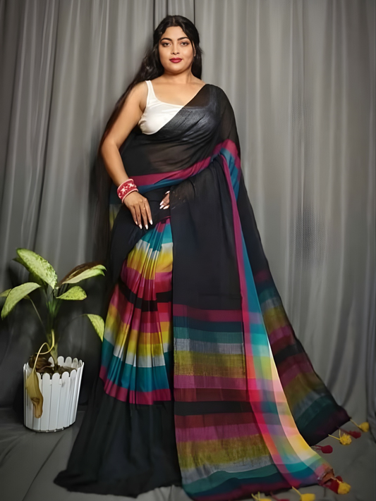 Pure Handloom Linen Saree | Midnight Black