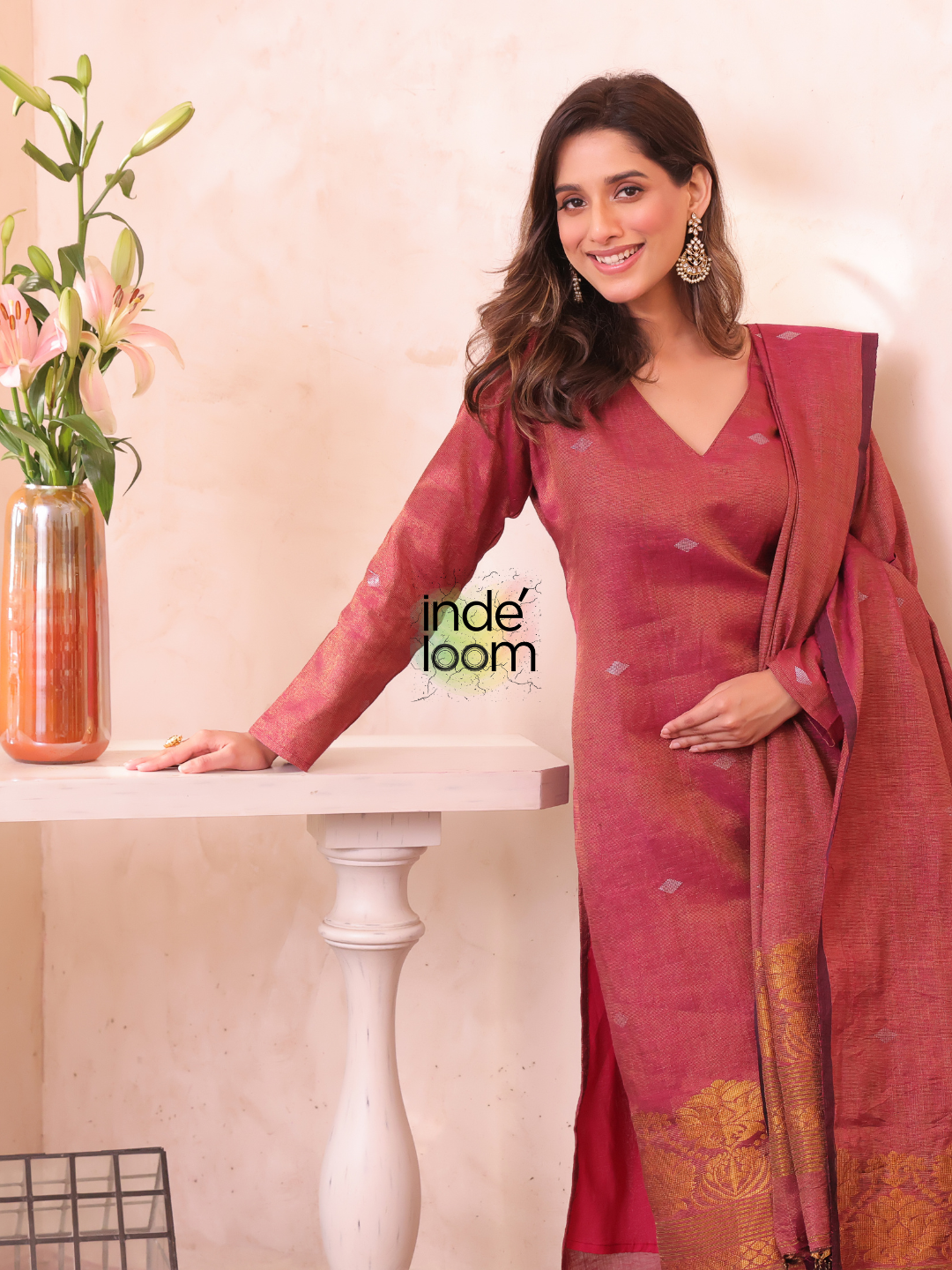 Dusty Maroon | Handloom Jamdani Linen Unstitched 2-Piece Kurti | Benaras Design