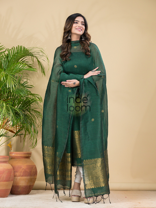 Hunter Green | Handloom Jamdani Muslin Unstitched 2-Piece Kurti | Classic Design