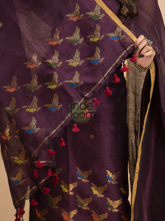 Handwoven Jamdani Cotton Linen Unstitched 2-piece Kurti  |  Berry Pink