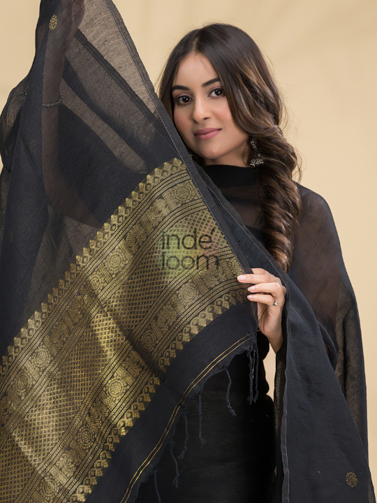 Deep Black | Handloom Jamdani Muslin Unstitched 2-Piece Kurti | Classic Design