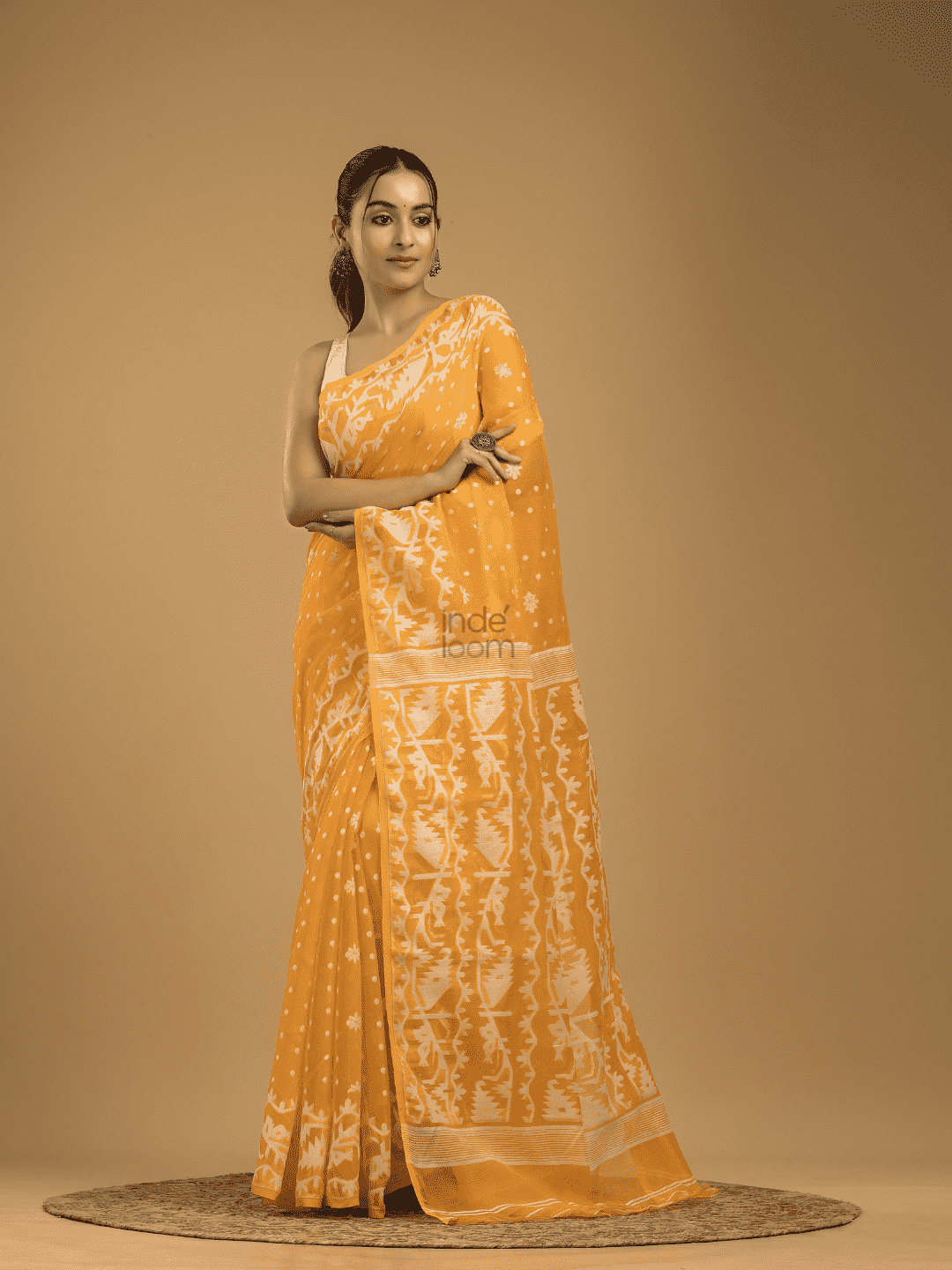 Amber Orange Cotton Silk Jamdani Saree - 001 - indeloom