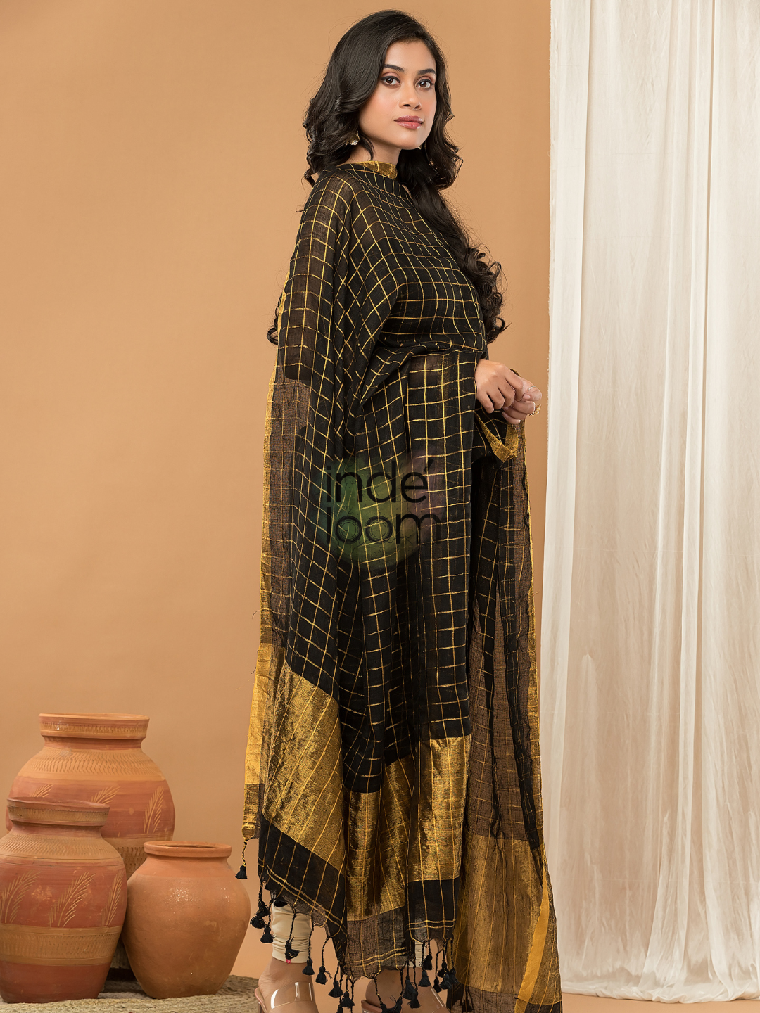 Jet Black | Handloom Jamdani Linen Unstitched 2-Piece Kurti