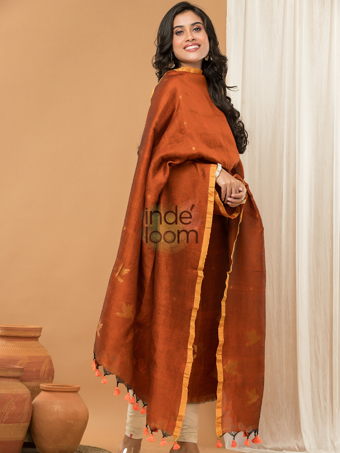 Terracotta Orange | Handloom Jamdani Linen Unstitched 2-Piece Kurti