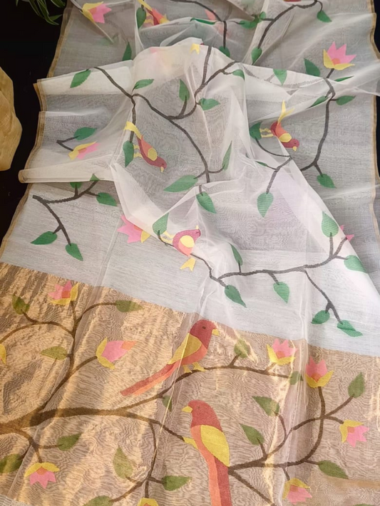 Snow White  Hand Woven Muslin Paithani Jamdani Saree - 117
