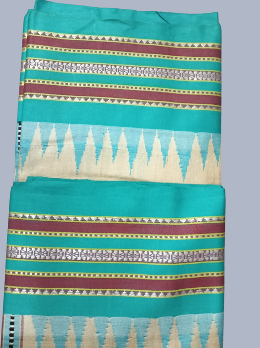 Sky Blue Handloom Vidarbha Tussar Silk Saree with Multicolor Contrast Border -008