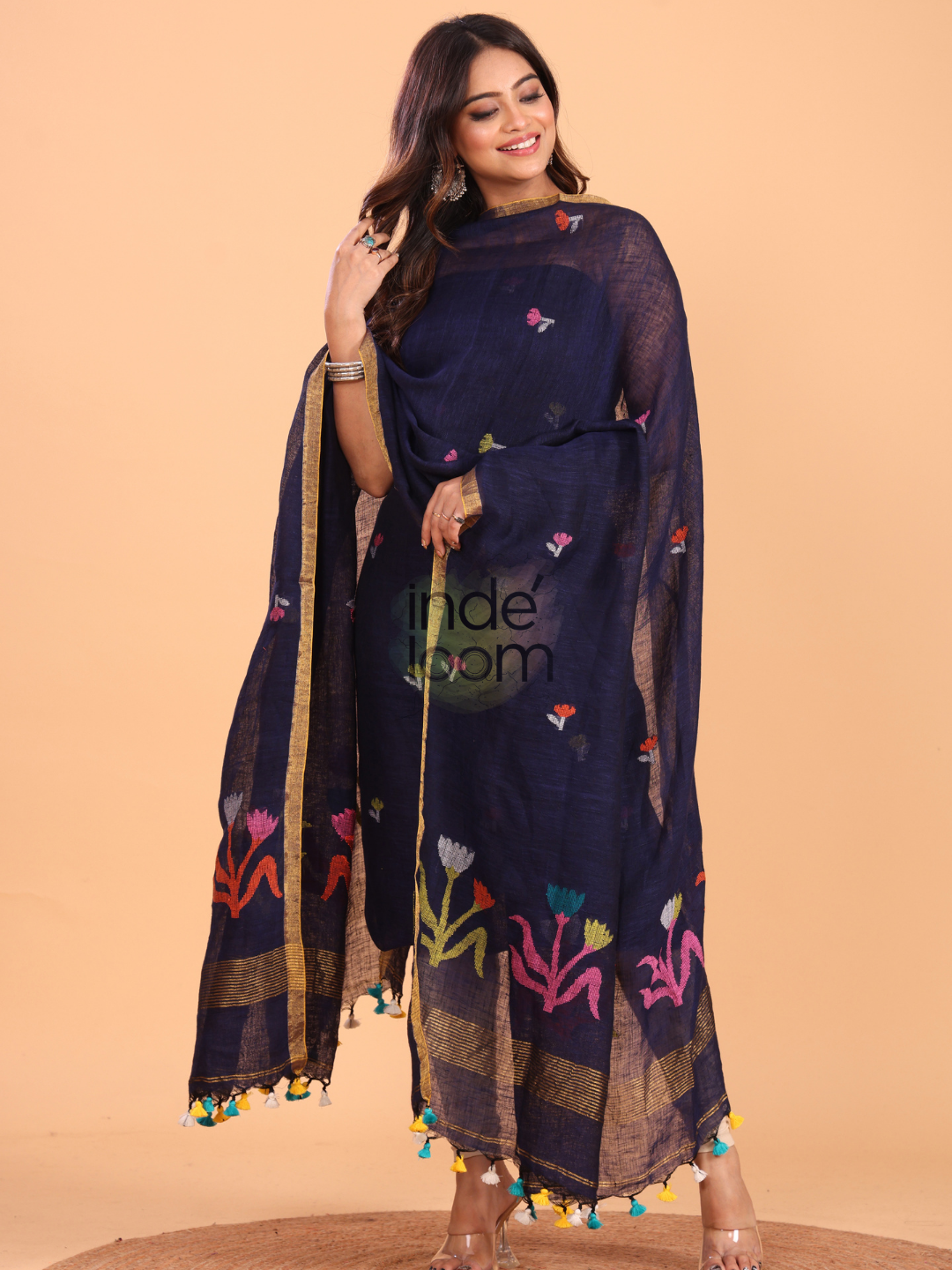Midnight Blue Linen x Linen Jamdani 2-Piece Set Kurti & Dupatta (UNSTITCHED) - 051