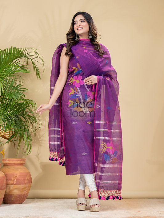 Handwoven Jamdani Muslin Unstitched 2-piece Kurti  |  Grape Purple