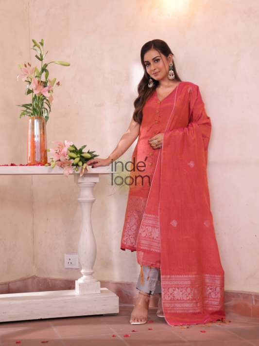 Handwoven Jamdani Linen Unstitched 2-piece Kurti  |  Brick Red