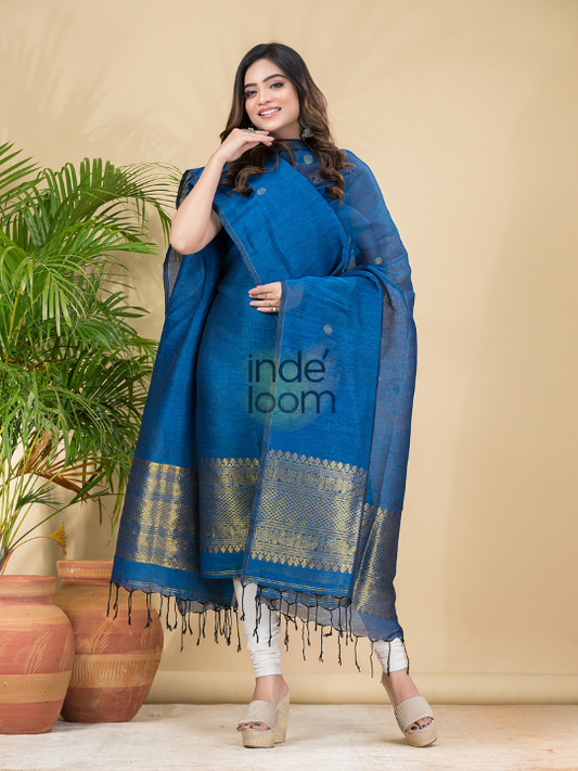 Handwoven Jamdani Linen Unstitched 2-piece Kurti  |  Denim Blue