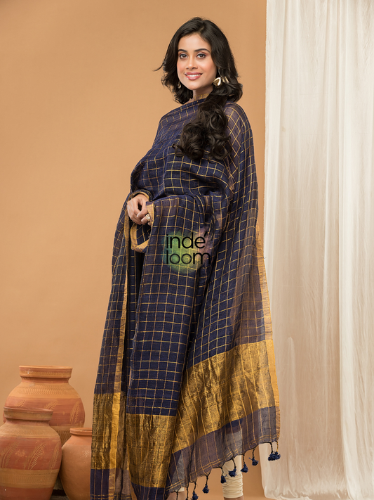 Handwoven Jamdani Linen Unstitched 2-piece Kurti  |  Navy Blue