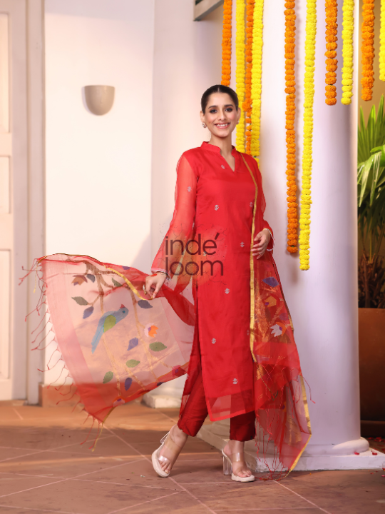Handwoven Jamdani Silk Cotton Kurti  |  Brick Red