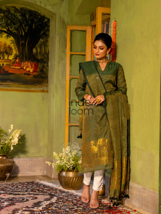 Handwoven Jamdani Linen Unstitched 2-piece Kurti  |  Army Green