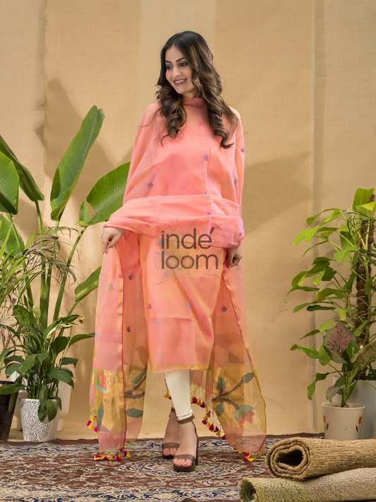 Handwoven Jamdani Muslin Unstitched 2-piece Kurti  |  Tomato Red