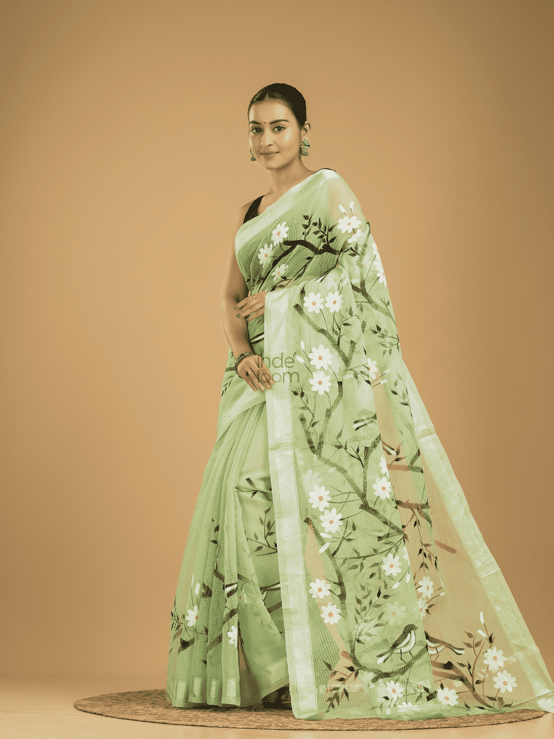 Kota Doria Handpainted Saree With Mint Green - 001 - indeloom