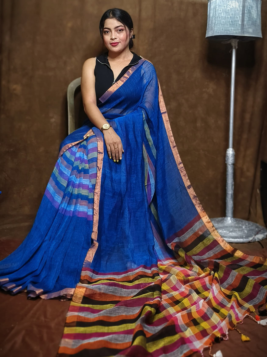 Pure Handloom Linen Saree | Sapphire Blue