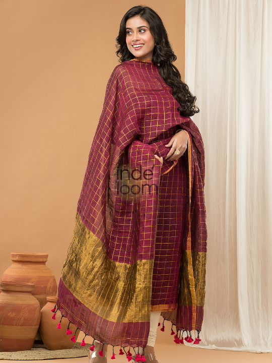 Handwoven Jamdani Linen Kurti  |  Maroon Red