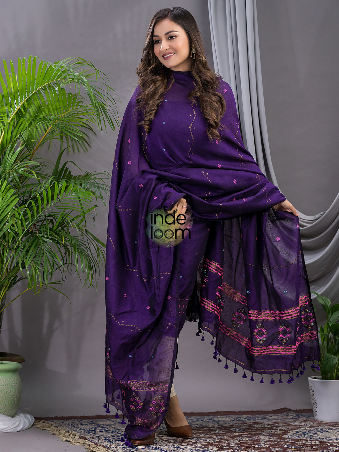 Handwoven Jamdani Silk Cotton Kurti  |  Indigo Purple
