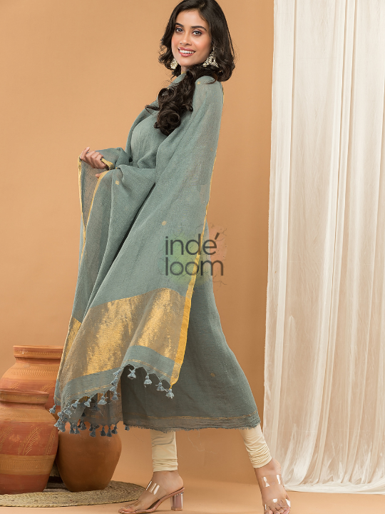 Sage Grey | Handloom Jamdani Linen Unstitched 2-Piece Kurti