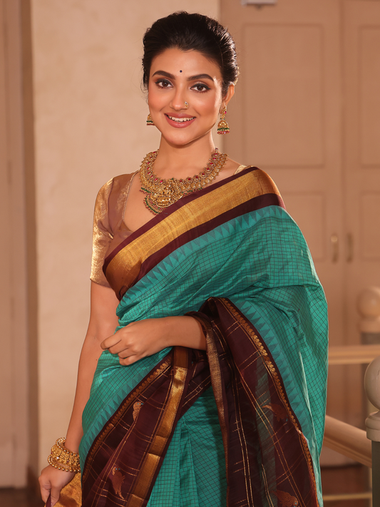 Handloom Korvai Silk Cotton Saree  |  Peacock Teal