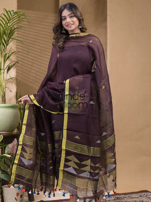 Dark Brown Pure Linen suit 2 piece Set Kurti & Dupatta (UNSTITCHED) -637