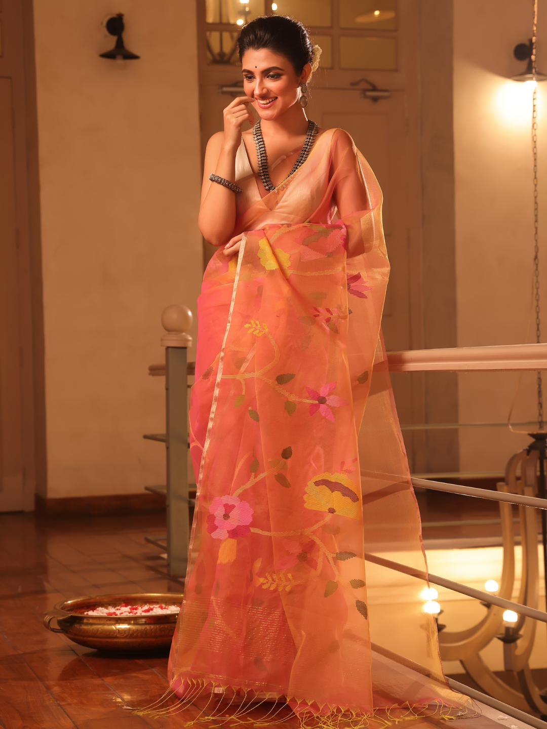 Handwoven Pure Jamdani Muslin Saree  |  Fire Orange
