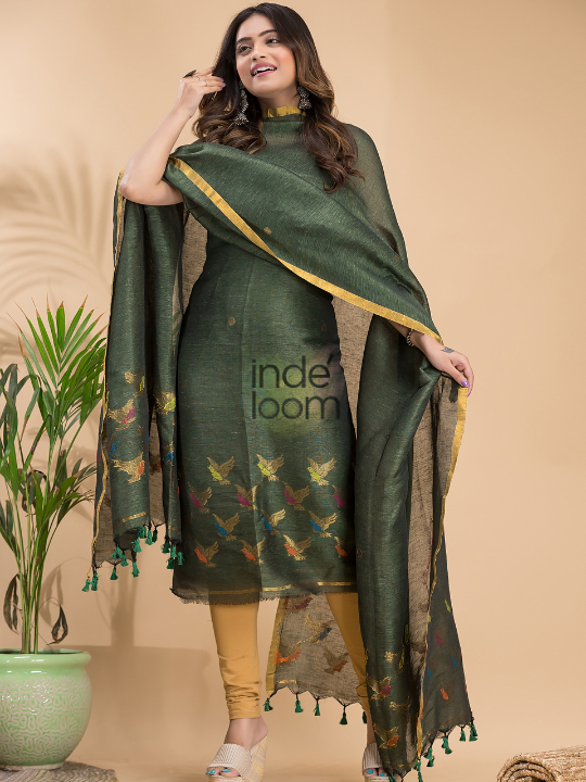 Handwoven Jamdani Cotton Linen Kurti  |  Army Green