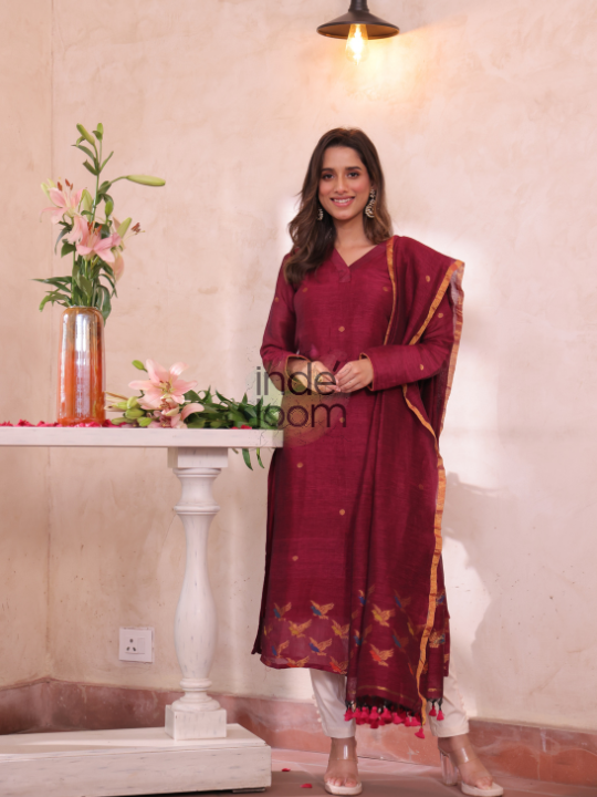 Dark Ruby | Handloom Jamdani Linen Unstitched 2-Piece Kurti