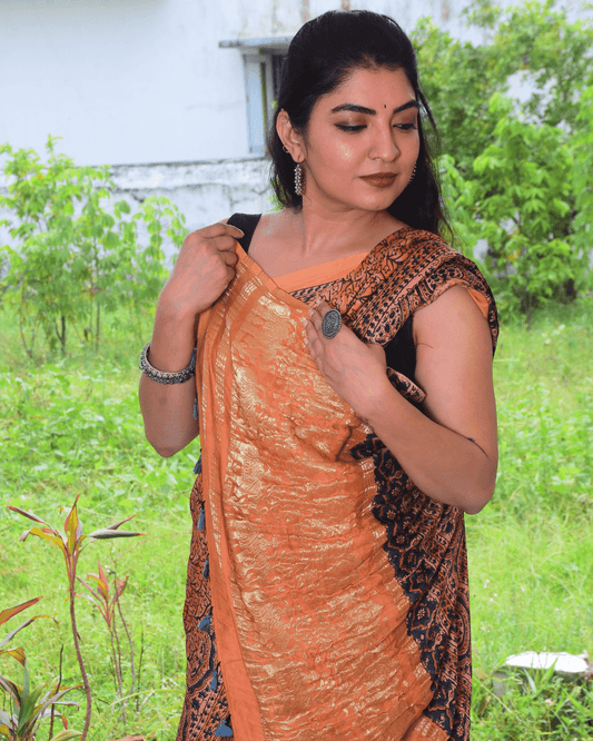 Ajrakh Exclusive Designer Modal Silk in Rust Orange and Navy with Zari pallu - 030 - indeloom