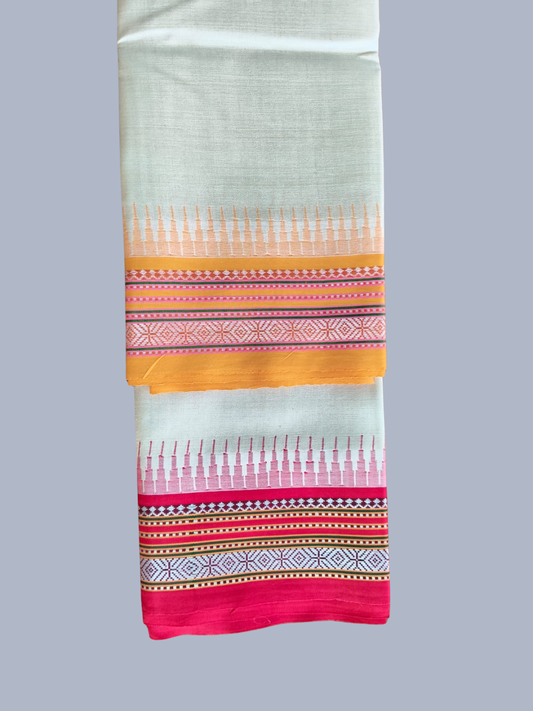 Orange & Red Handloom Vidarbha Tussar Silk Saree with Multicolor Contrast Border -001