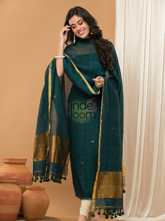Slate Teal | Handloom Jamdani Linen Unstitched 2-Piece Kurti