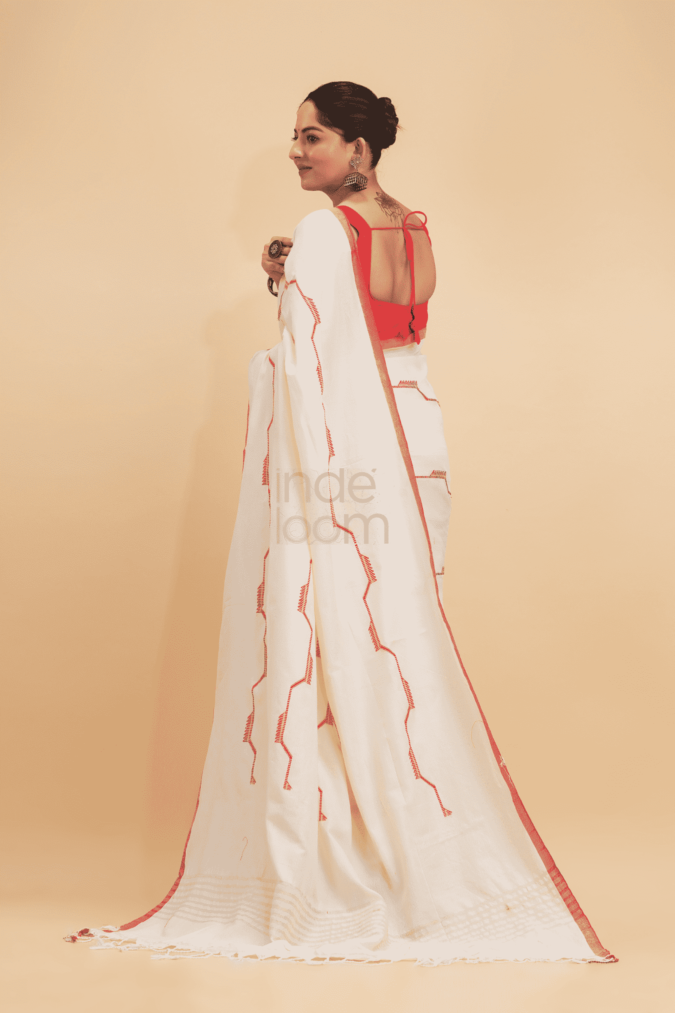 Durga Puja Saree Handloom Cotton in Red White- 001 - indeloom