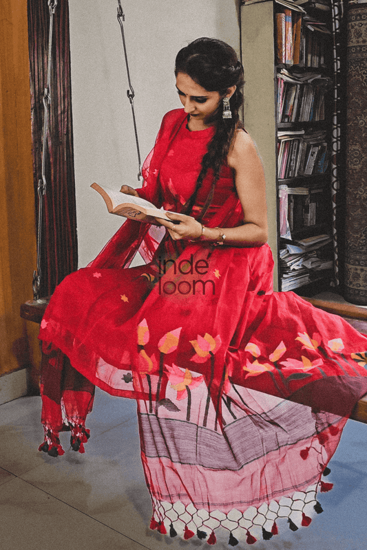 Handwoven Jamdani Muslin Unstitched 2-piece Kurti  |  Classic Red