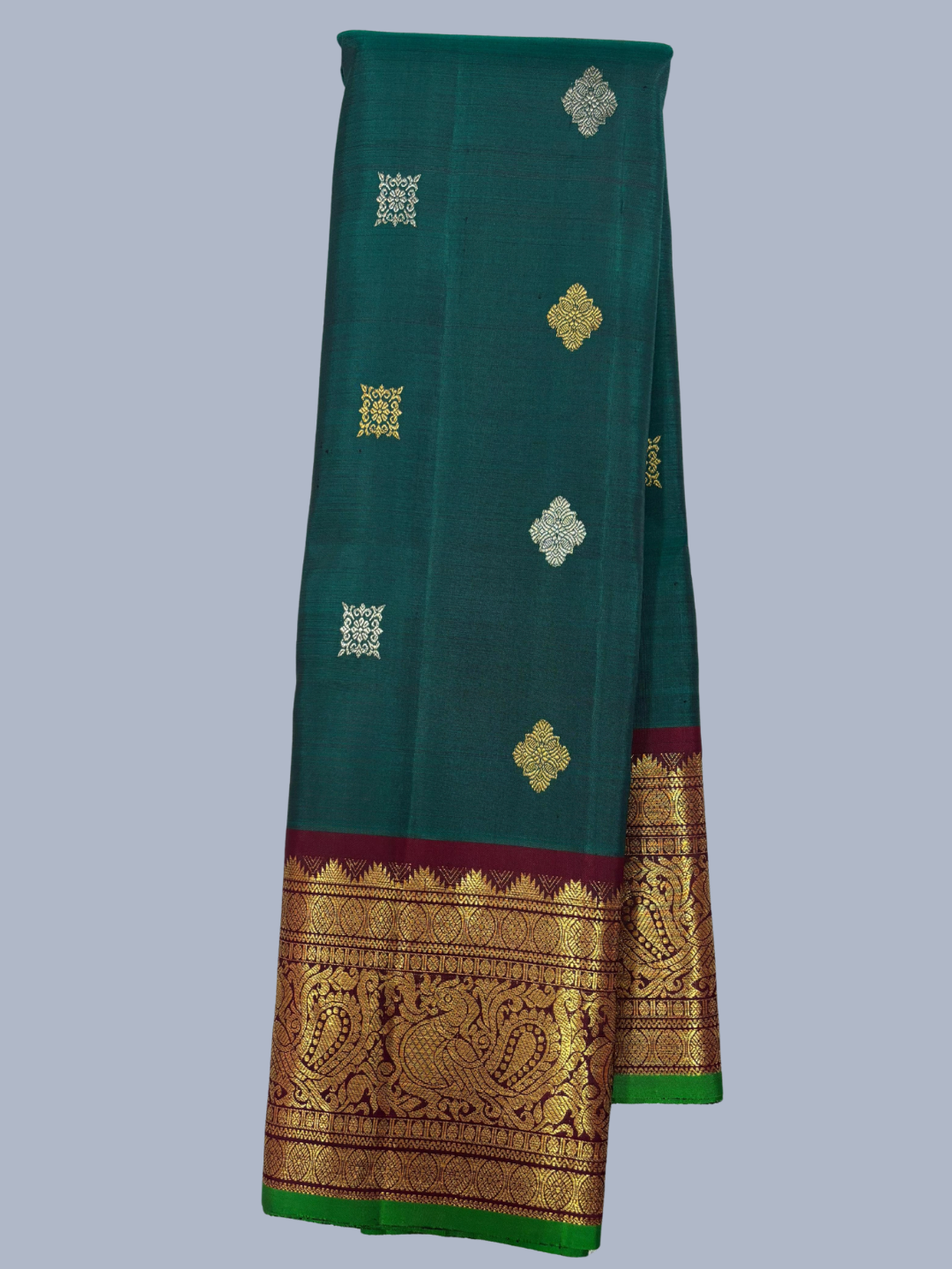 Pure Handwoven Gadwal Silk Saree With Forest Green - 011