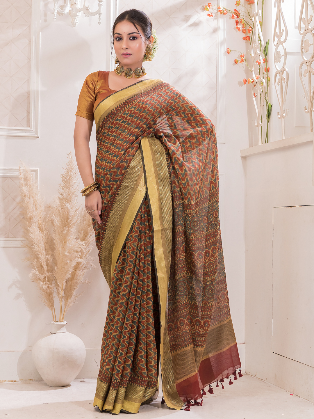 Ajrakh Exclusive Designer Modal Silk in  Coffee Brown -054