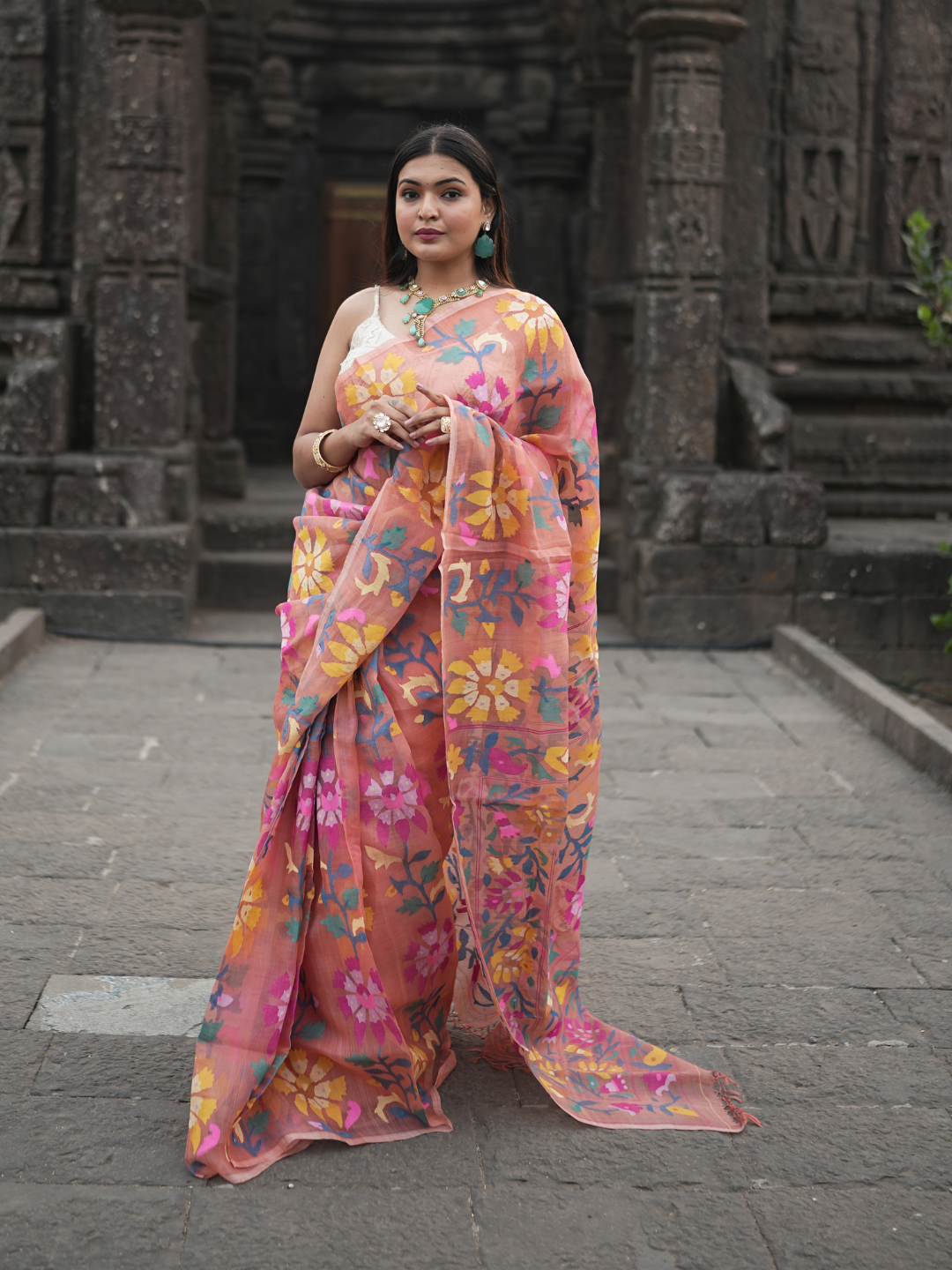 Hand Made Jamdani Saree With Coral Orange- 060