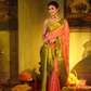 Pure Handloom Korvai Saree | Coral Pink and Leaf Green