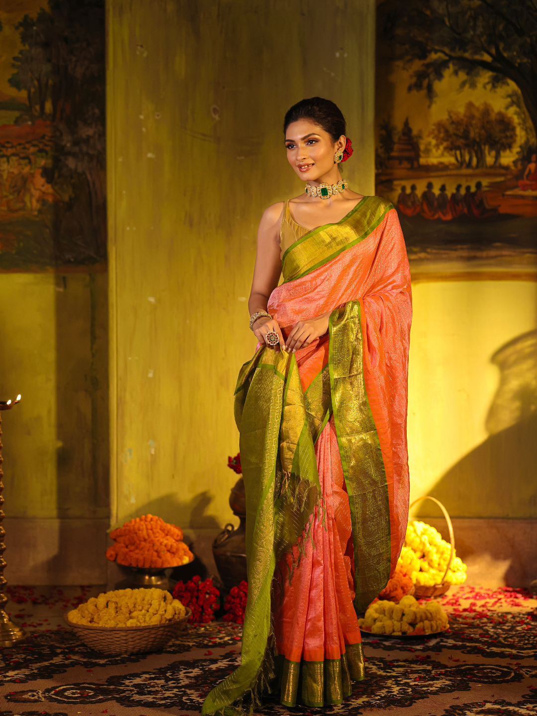 Pure Handloom Korvai Saree | Coral Pink and Leaf Green