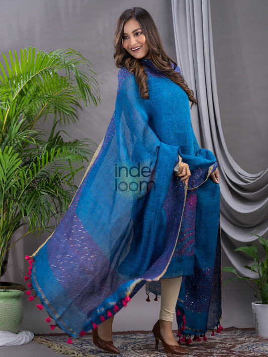 Handwoven Jamdani Linen Unstitched 2-piece Kurti  |  Steel Blue