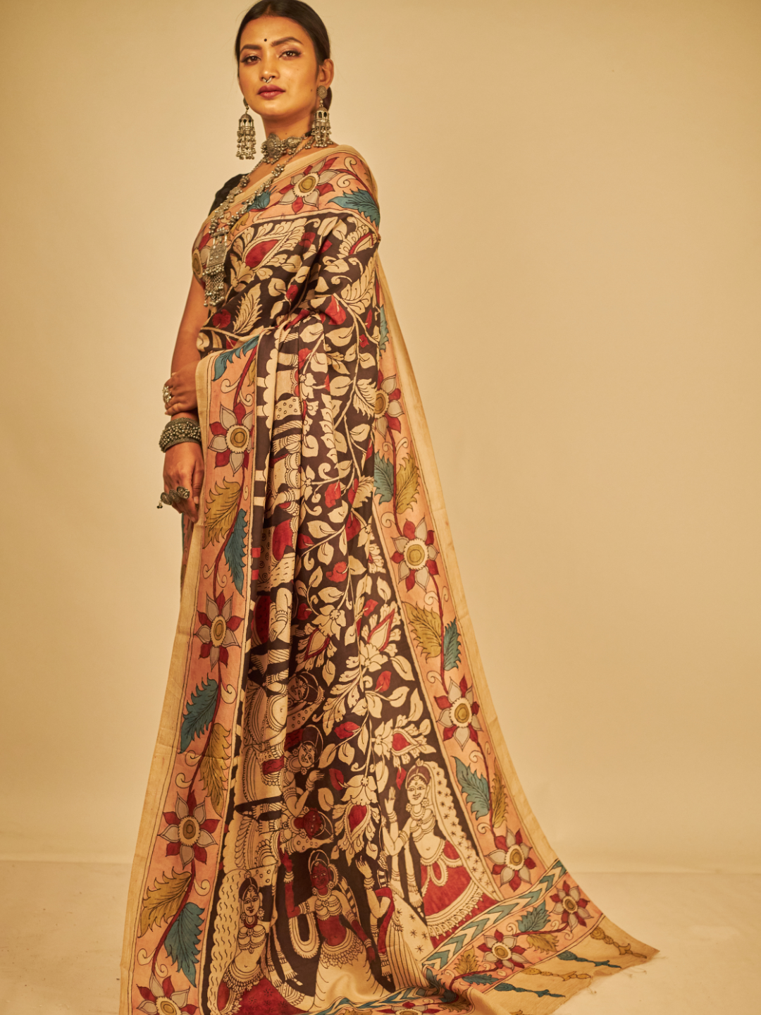 Exclusive All Over Florals On Mulberry Silk Pen Kalamkari Saree-003
