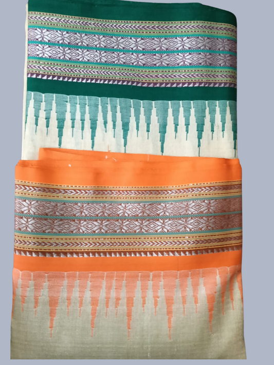 Forest green  And Orange Handloom Vidarbha Tussar Silk Saree with Multicolor Contrast Border -119