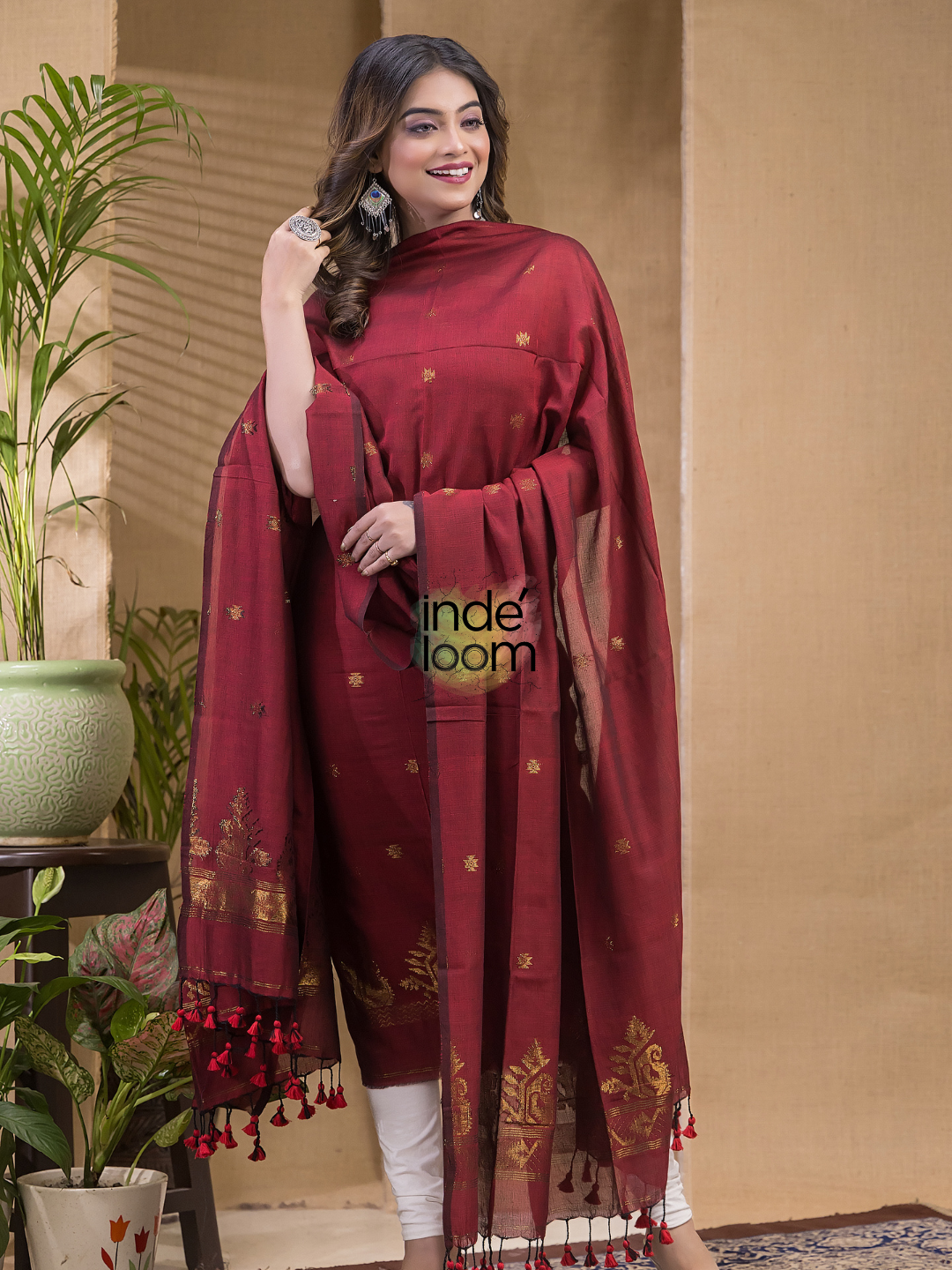 Terracotta Rouge | Handloom Jamdani Cotton Unstitched 2-Piece Kurti | Meenakari Design