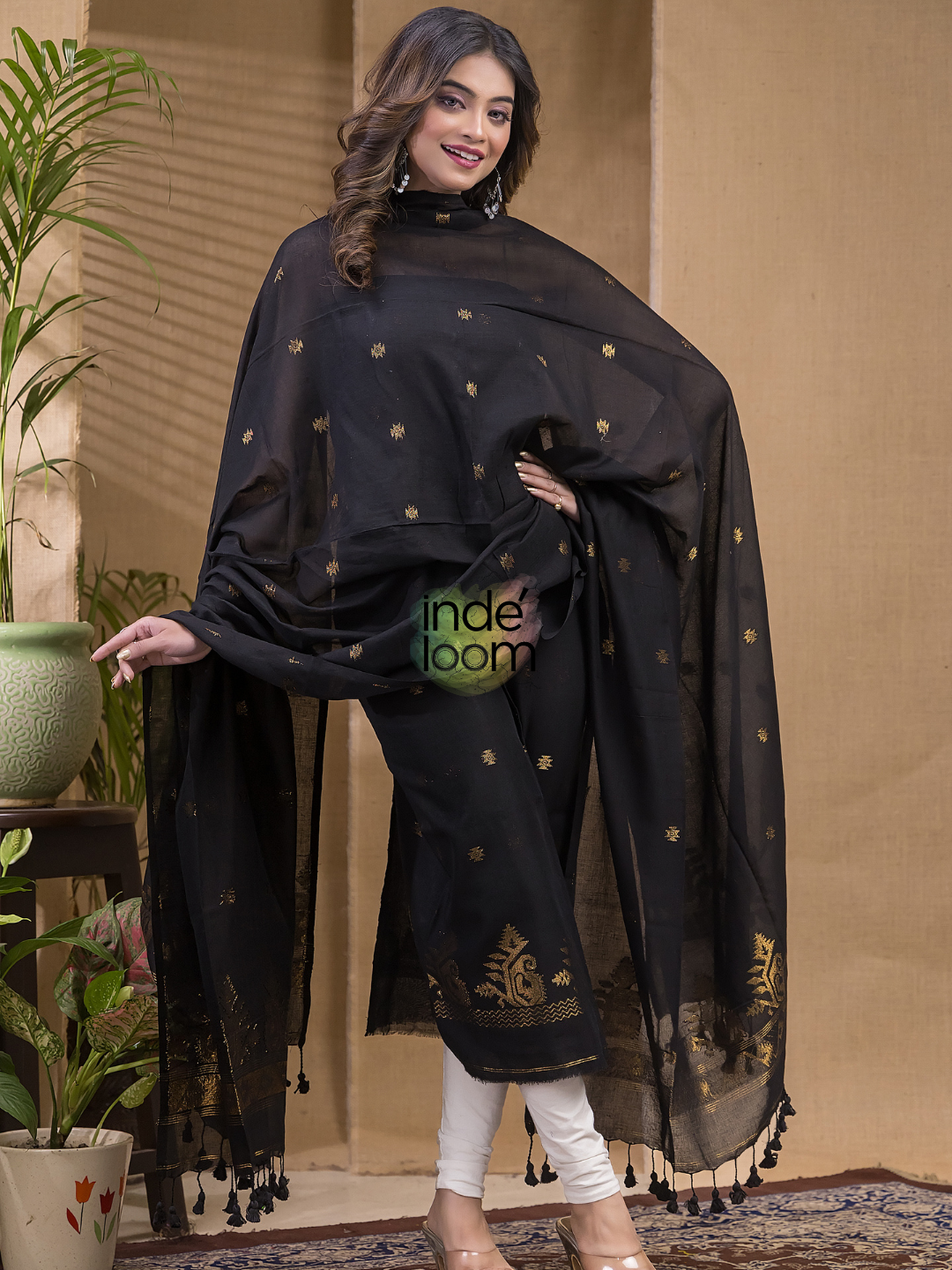 Deep Black | Handloom Jamdani Cotton Unstitched 2-Piece Kurti | Meenakari Design