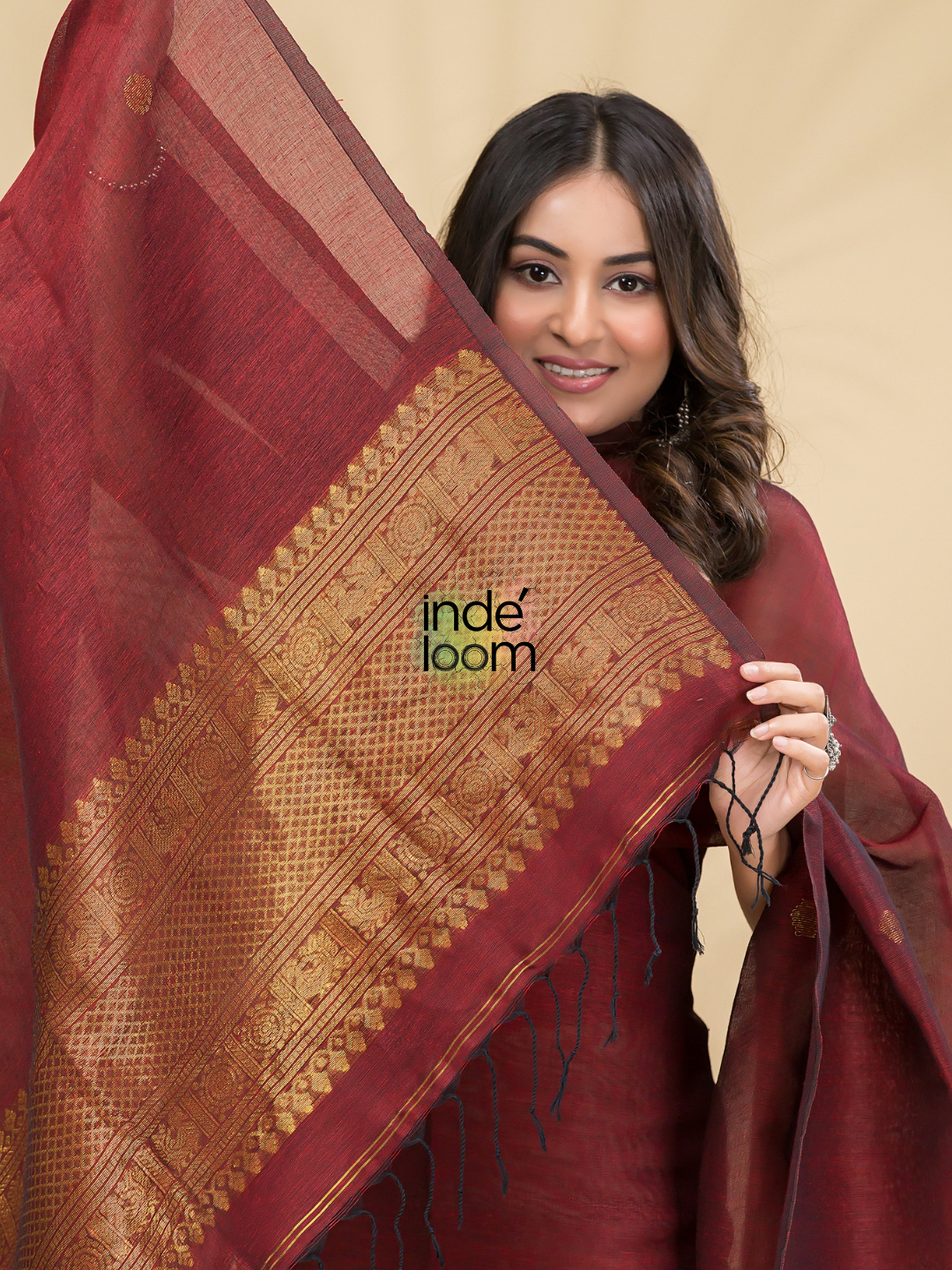 Mahogany Wine | Handloom Jamdani Muslin Unstitched 2-Piece Kurti | Classic Design