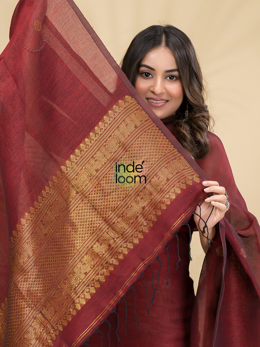 Handwoven Jamdani Linen Unstitched 2-piece Kurti  |  Burgundy Red
