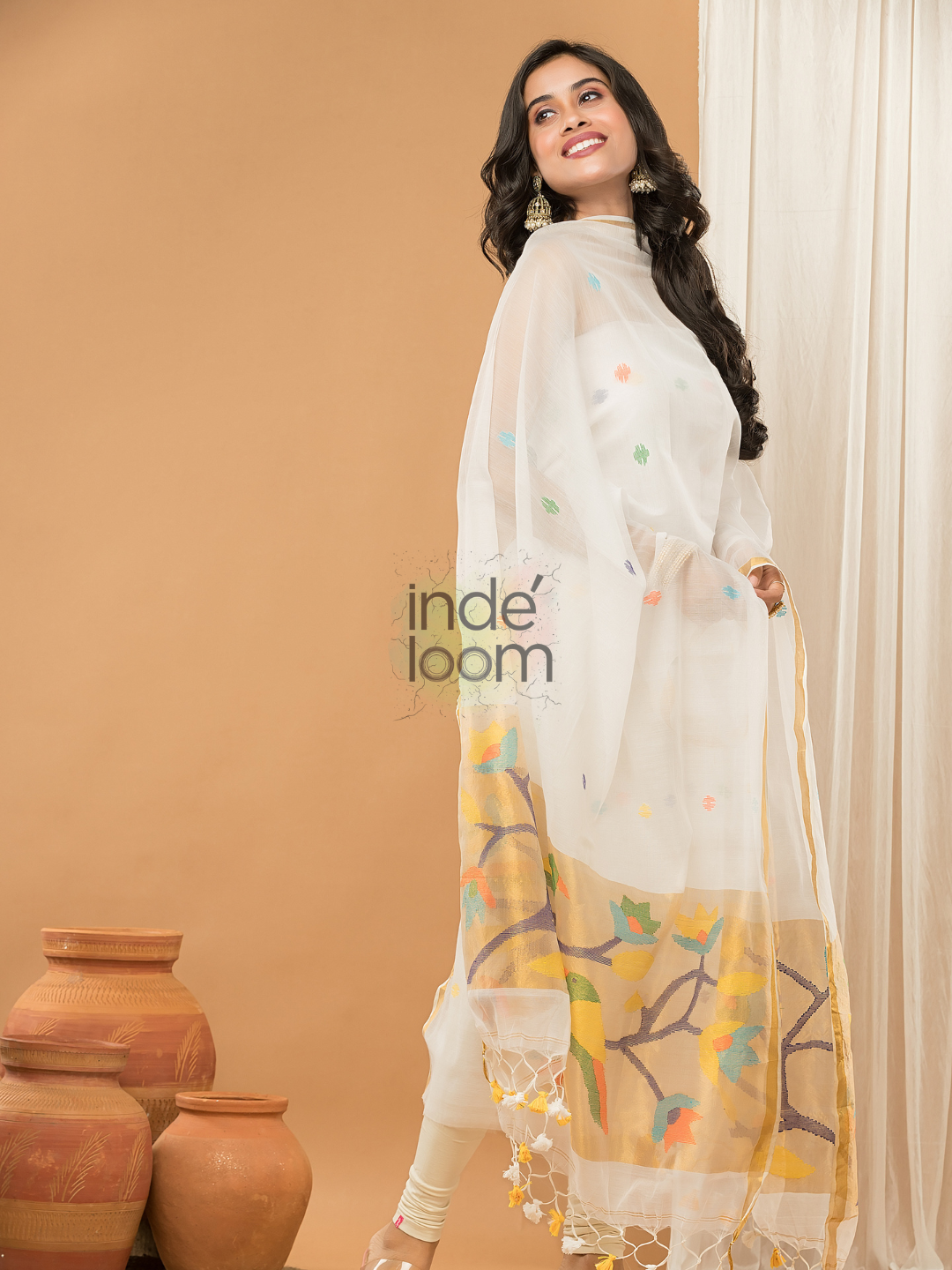 Pure White | Handloom Jamdani Muslin Unstitched 2-Piece Kurti | Paithani Design