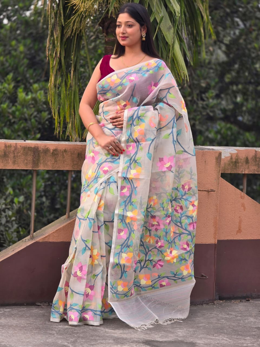 Handwoven Pure Jamdani Cotton Saree  |  Pearl White