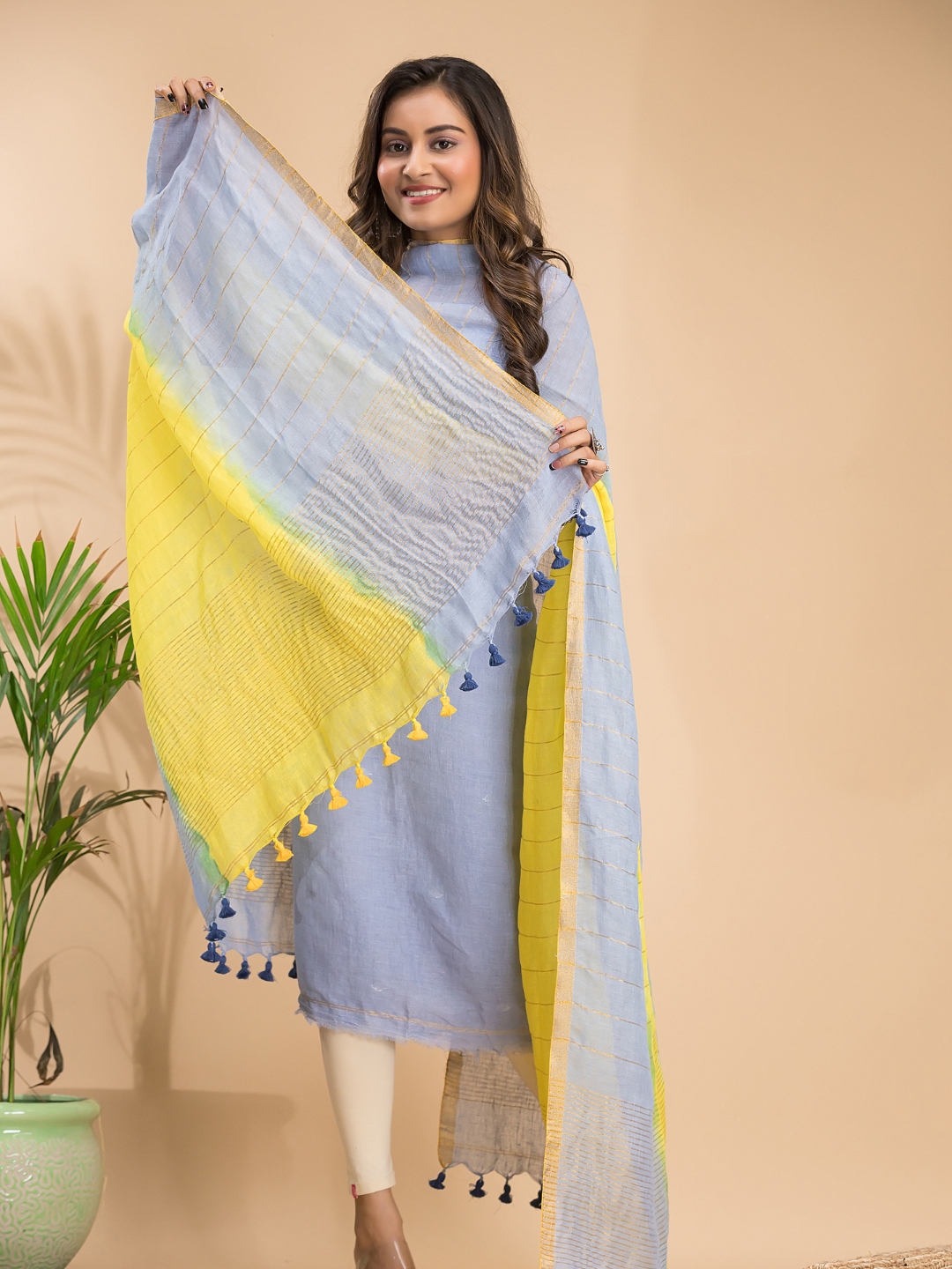 Pigeon Blue Handloom Linen X Linen 2-Piece Set Kurti & Dupatta (UNSTITCHED) - 862