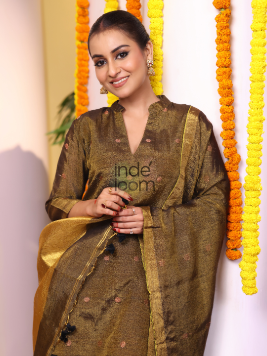 Olive Gold | Handloom Jamdani Linen Unstitched 2-Piece Kurti
