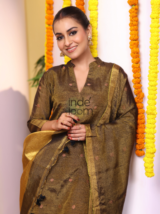 Handwoven Jamdani Linen Unstitched 2-piece Kurti  |  Coffee Brown